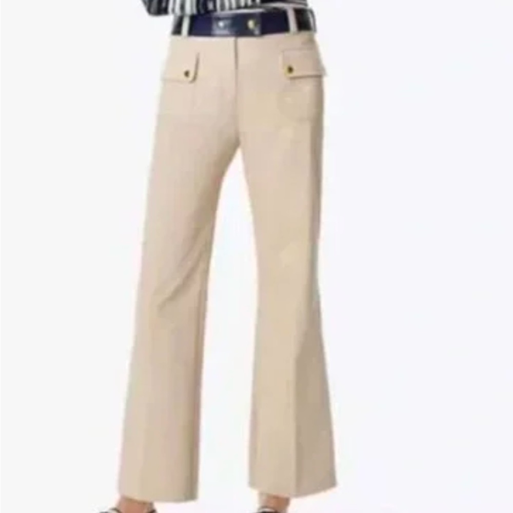 Tory Burch Joss Leather Waist Wide Leg Khaki Pants Safari Tan Size 4